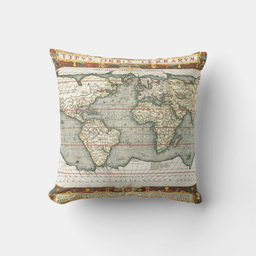 Vintage World Map by Abraham Ortelius 15871595 Throw Pillow