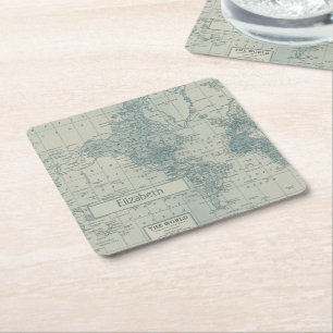 Vintage World Map customize your own name Square Paper Coaster