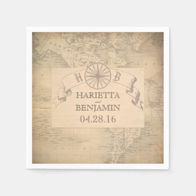 Vintage World Map Destination Wedding Napkins (Front)