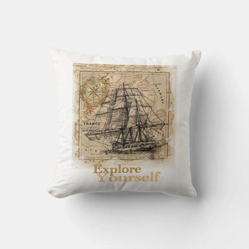 Vintage world map explore yourself throw pillow