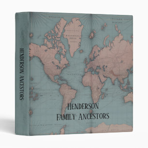 Vintage World Map Family Tree Genealogy Album 3 Ring Binder