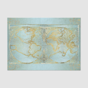 Vintage World Map Gold Aqua Blue Decoupage Tissue Paper