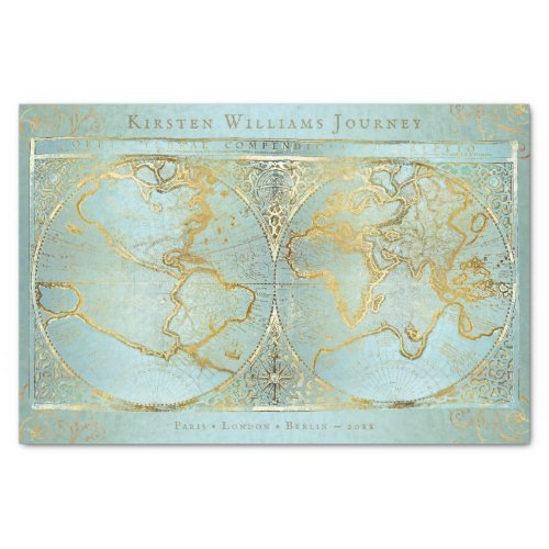 Vintage World Map Gold Blue Monogram Name Tissue Paper