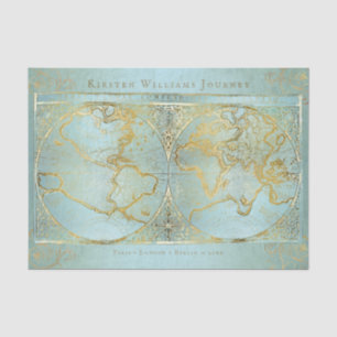 Vintage World Map Gold Blue Monogram Name Tissue Paper