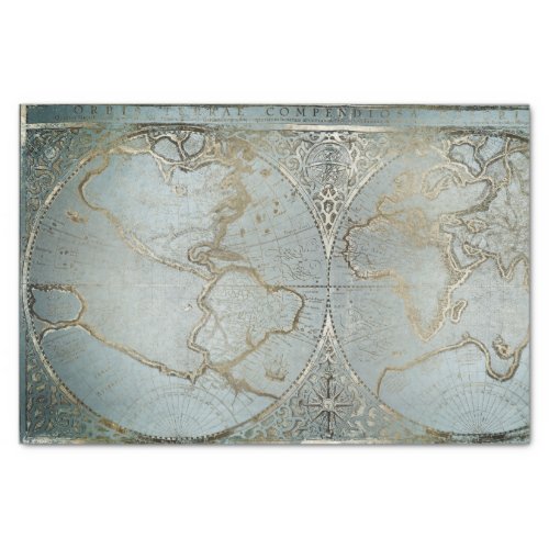 Vintage World Map Gold Gray Blue Tissue Paper