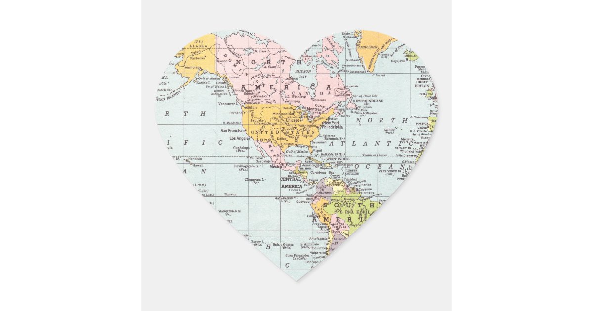 vintage world map heart sticker zazzlecom