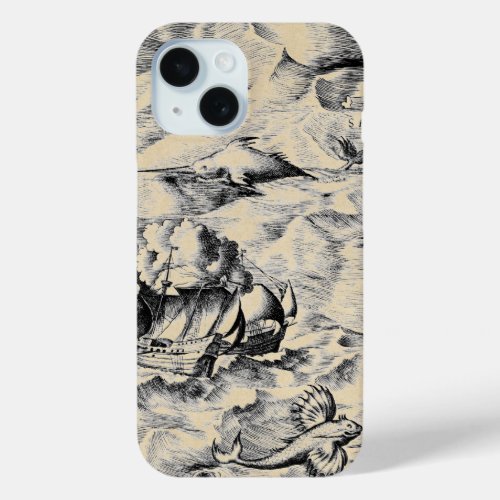 Vintage World Map Monsters Narwhal and Flying Fish iPhone 15 Case