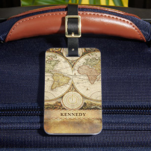Vintage World Map Name & Contact Info Luggage Tag