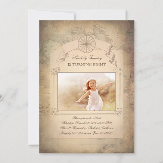 Vintage World Map Old Photo Birthday Invitation (Front)