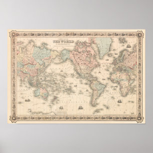 Vintage world map. Old retro antique cartography Poster