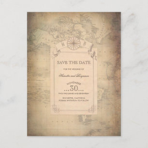 Vintage World Map Old Save the Date Announcement Postcard
