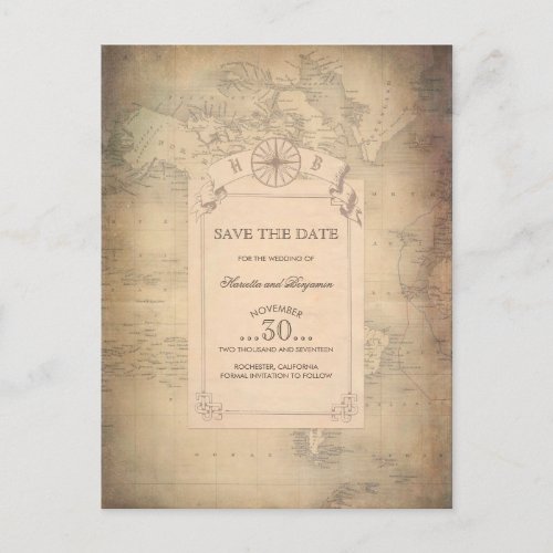 Vintage World Map Old Save the Date Announcement Postcard - Old parchment vintage world map save the date postcards
