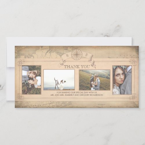 Vintage World Map Old Wedding Thank You - Vintage world map - travelers thank you card with four wedding photos.