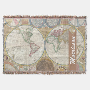 Vintage World Map - Personalized Family Name Throw Blanket