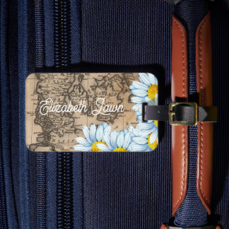 Vintage World Map Personalized Floral Luggage Tag