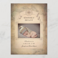 Vintage World Map Photo Baby Birth Announcement