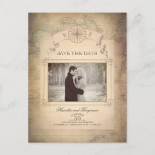 Vintage World Map Photo Save the Date Announcement Postcard