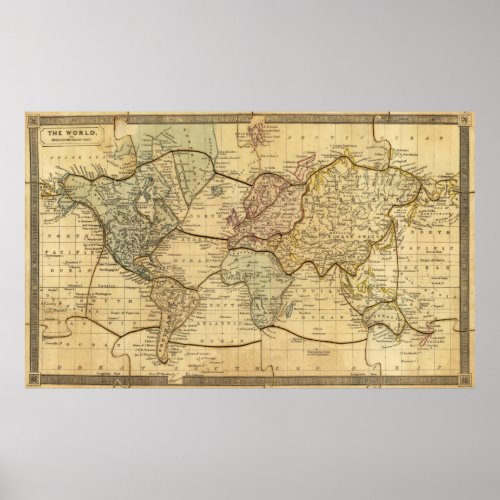 Vintage World Map Puzzle Illustration 1840 Poster