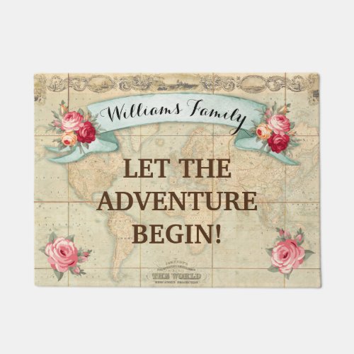 Vintage World Map Roses Customized Doormat