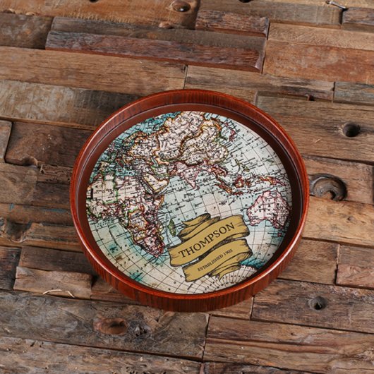 Vintage World Map Round Wood Serving Tray (Top)