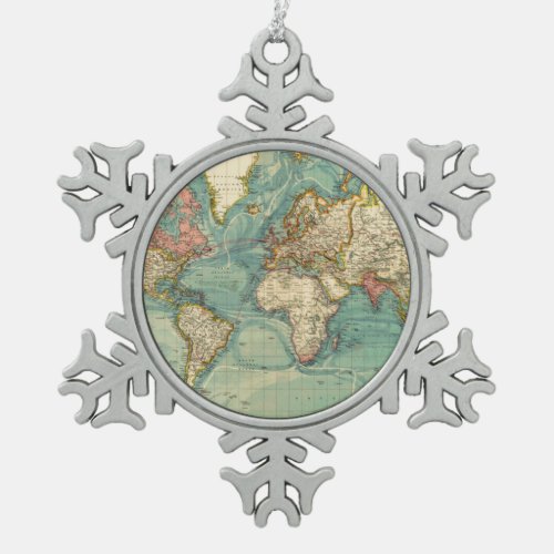 Vintage World Map Snowflake Pewter Christmas Ornament