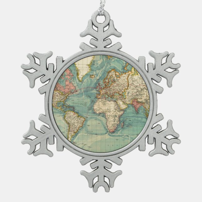 Vintage World Map Snowflake Pewter Christmas Ornament (Front)