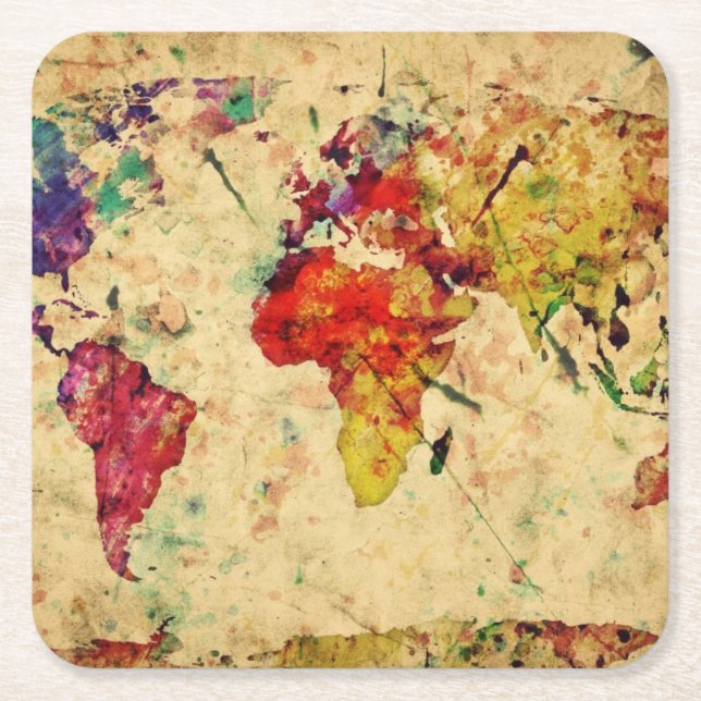 Vintage world map square paper coaster (Front)