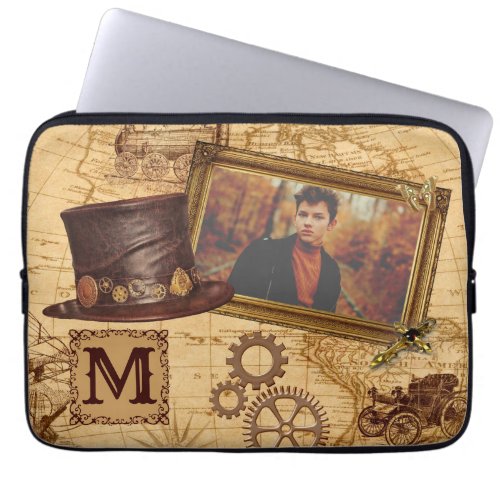 Vintage World Map Steampunk Photo  Name Initial Laptop Sleeve