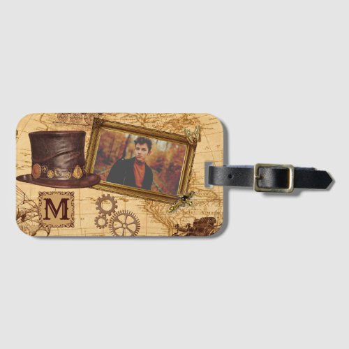Vintage World Map Steampunk Photo  Name Initial Luggage Tag