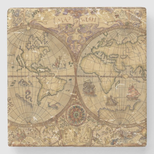 Vintage World Map Stone Coaster (Front)
