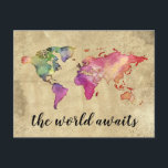 Vintage World Map | The World Awaits Postcard<br><div class="desc">The world is your adventure! Personalize this vintage map postcard with your own custom greeting.</div>