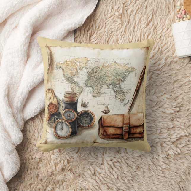 Vintage World Map Throw Pillow (Blanket)