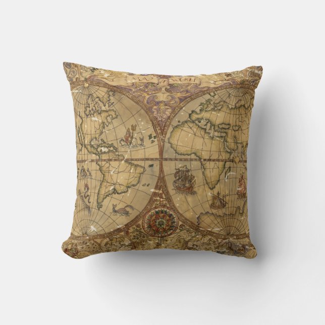 Vintage World Map Throw Pillow (Front)