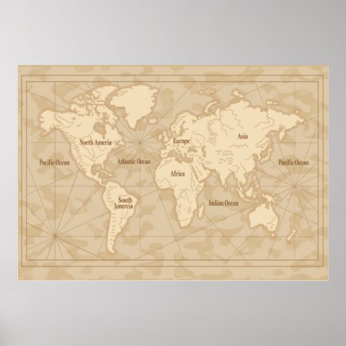 VINTAGE WORLD MAP TRADITIONAL ILLUSTRATION POSTER