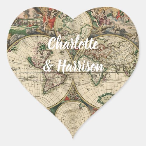 Vintage World Map Travel Theme Wedding Heart Sticker
