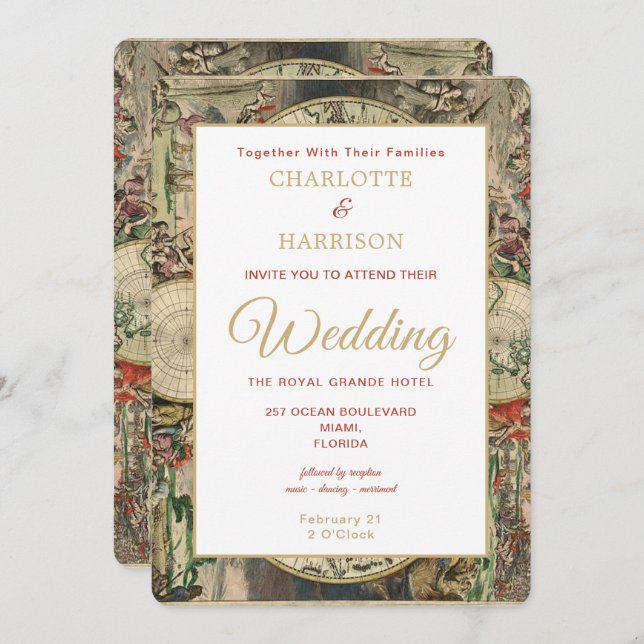 Vintage World Map Travel Theme Wedding Invitation (Front/Back)