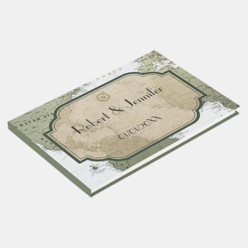Vintage world map travel themed wedding guest book