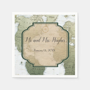 Vintage world map travel themed wedding napkins