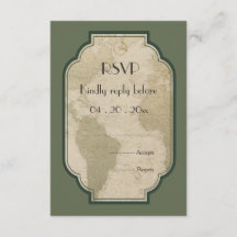 Vintage world map travel themed wedding RSVP