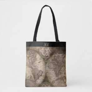 Vintage World Map with Monogram Initials Tote Bag