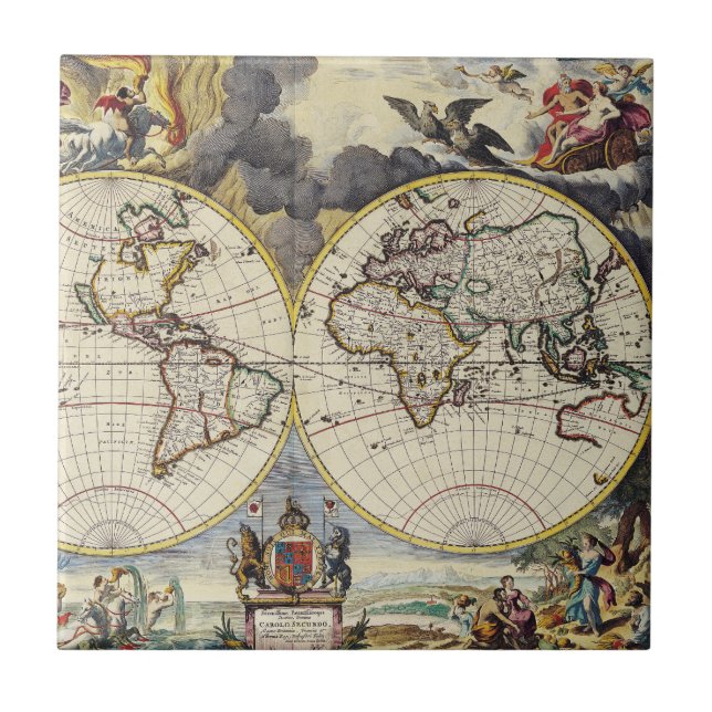 Vintage World Map with Mythological Four Elements Ceramic Tile (Front)