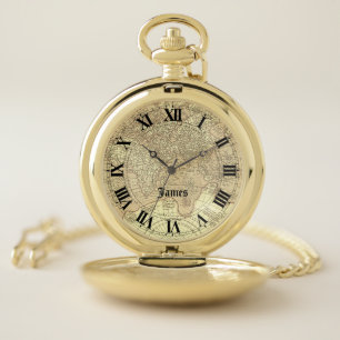 Vintage World Map with Roman Numerals and Name Pocket Watch