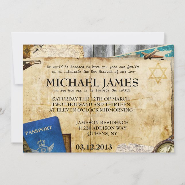 Vintage World Travel Bar/Bat Mitzvah Invitations (Front)