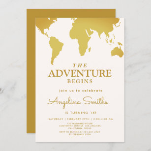 Vintage World Travel Map Adventure Gold Birthday Invitation