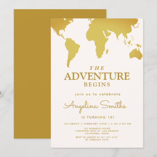 Vintage World Travel Map Adventure Gold Birthday Invitation