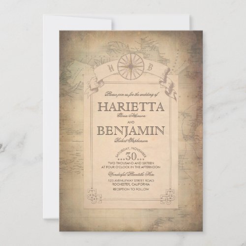 Vintage World Travel Map Adventure Wedding Invitation - Old vintage parchment wedding invitations in a style of ancient world map.