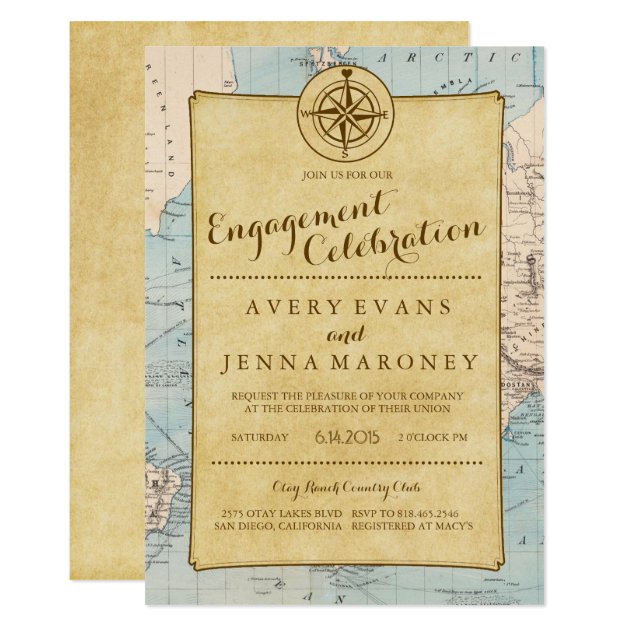 Vintage World Travel Map Engagement Party Invitation