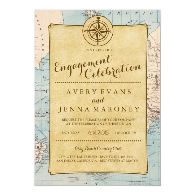 Vintage World Travel Map Engagement Party Invitation