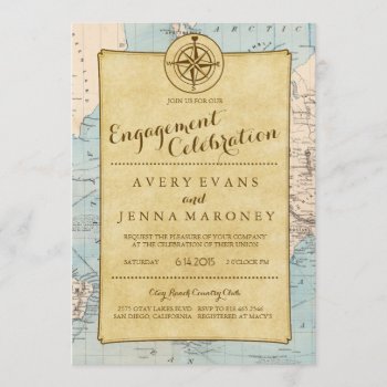 Vintage World Travel Map Engagement Party Invitation by GreenLeafDesigns at Zazzle