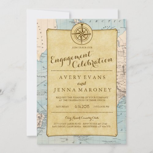 Vintage World Travel Map Engagement Party Invitation